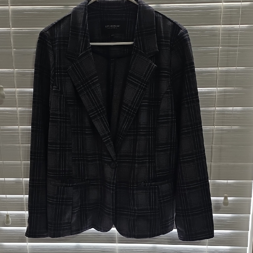Liverpool Plaid Button-Up Shirt Jacket in Navy, Black and Brown